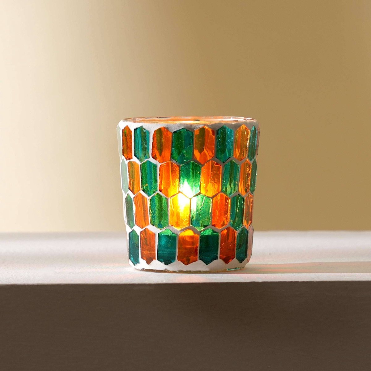 Round Mosaic Glass Votive Candle Holder -Handmade Decorative Tealight Holder