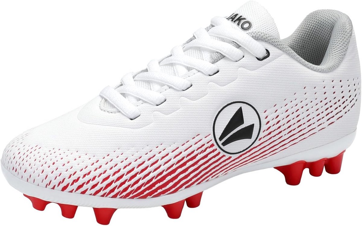 Lichte witte voetbalschoenen met rode noppen en reliëfstructuur voor optimale balcontrole, geschikt voor trainingen en we...