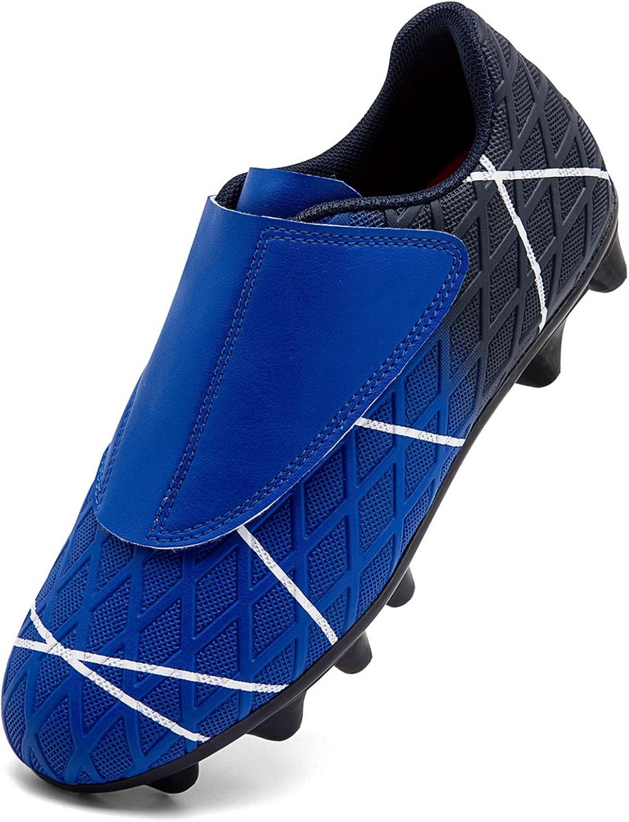Lage, blauwe voetbalschoenen met spikes voor jongens en tieners, ontworpen voor training en wedstrijden buiten.