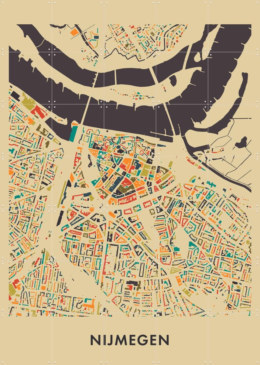 IXXI Nijmegen Mosaic Map, Kunst in Kaart - 100 x 140 cm - Gratis ophangtool - Grote wanddecoratie en posters - Grafisch Ontwerp, Kleurrijk