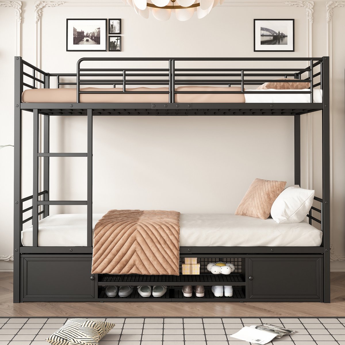 FloraGrace Stapelbed 90x200cm – Met Schoenenrek En Opbergkast – Met Zijladder En Valbeveiliging – Zonder Matras – Metaal – Zwart