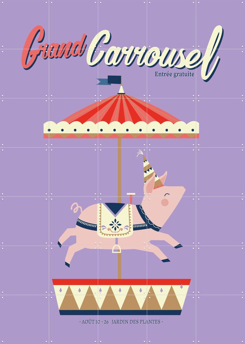 IXXI Carrousel Pig, Jetske Kox - 100 x 140 cm - Gratis ophangtool - Grote wanddecoratie en posters - Illustraties, Fantasierijk, Speels, Kleurrijk