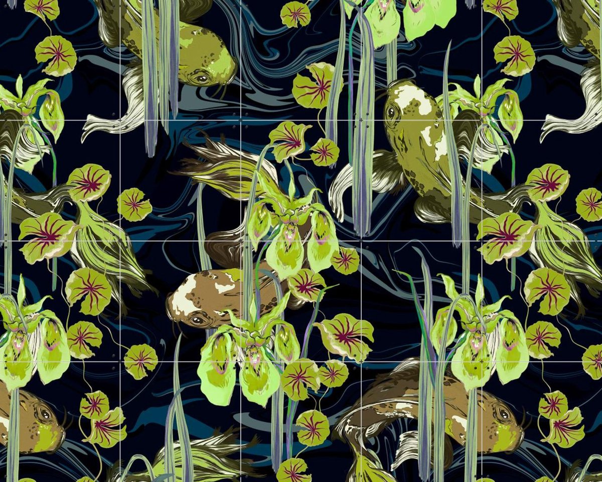 IXXI Koi Pond Moss Green, Marylène Madou - 100 x 80 cm - Gratis ophangtool - Grote wanddecoratie en posters - Illustraties, Mancave, Vissen, Planten