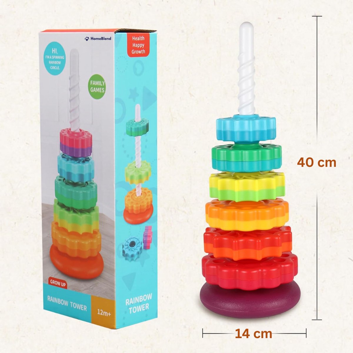 Homeblend Draaiende Stapeltoren - Speelgoed 1 Jaar - Educatief & Sensorisch Babyspeelgoed - Fijne Motoriek & Hand-oogcoördinatie - 6 Multicolor Stapelringen — afbeelding 5