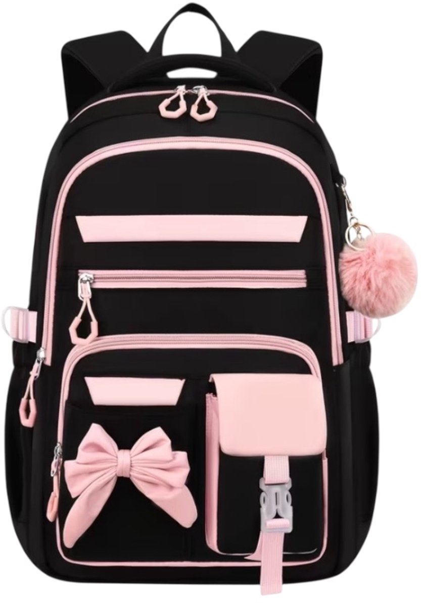 Twenty Two schooltas met sleutelhanger voor meiden/tieners | rugtas voor school/brugklas |32x16x45cm| rugtas met strik | grote capaciteit | 15.6 inch laptoptas | met verstelbare schouderbanden | trolley sleeve | schooltas | reistas | roze/zwart