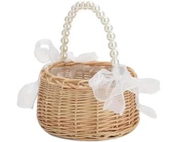 Panier en Rotin Tressé à la Main - Avec Poignée Nacre et Nœud Ruban - Adapté pour Demoiselle d'Honneur Mariage et Décoration de Fête - Idéal pour Bonbons, Biscuits et Petits Cadeaux