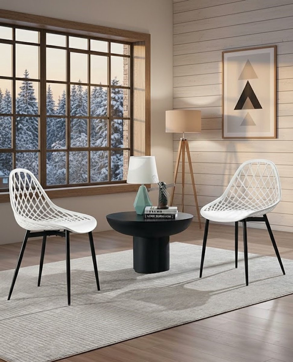 Scandi Comfort Kuipstoelen met Holle Rugleuning - Set van 4 Witte Scandinavische Eetkamerstoelen met Metalen Poten - Kunststof Design Keukenstoelen Modern - 150 kg Draagkracht - Casa Serena – Afmet...