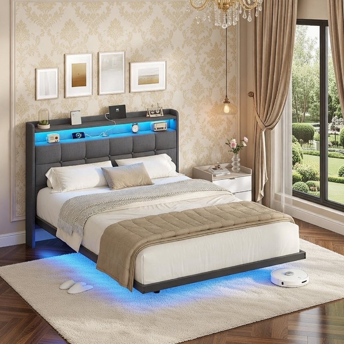 Serena Zwevend Bed 140x200 cm - Modern Gestoffeerd Tweepersoonsbed met LED verlichting, USB laadstation en home - Donkergrijs, Metalen Frame, Luxedesign Slaapkamer Casa Serena