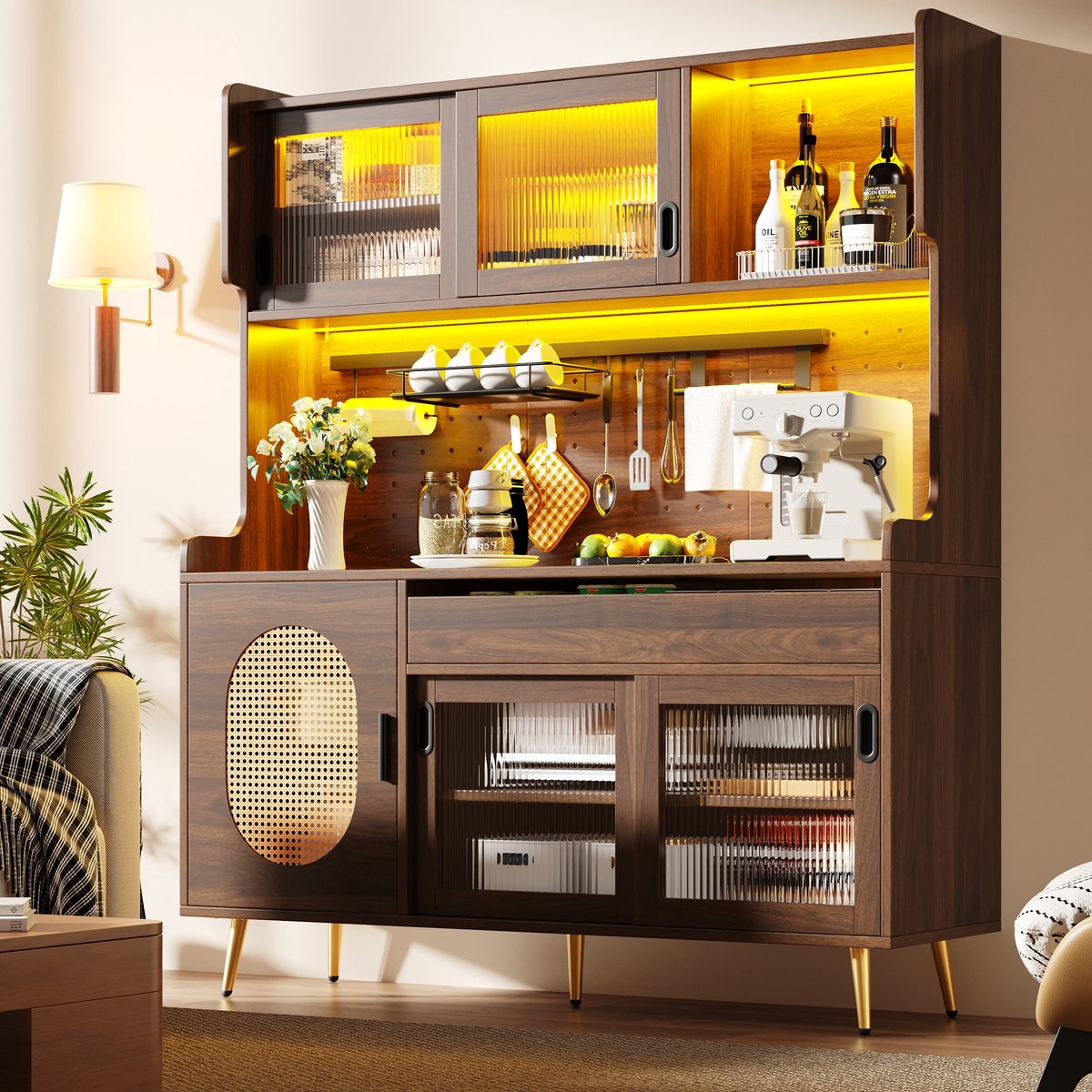 HAUSS SPOLE Dressoir - Met Led Lichtlijst En Opbergwand - 5 Deuren En Lades Voor Keuken En Woonkamer - Mdf - Bruin - 145x39x171 Cm