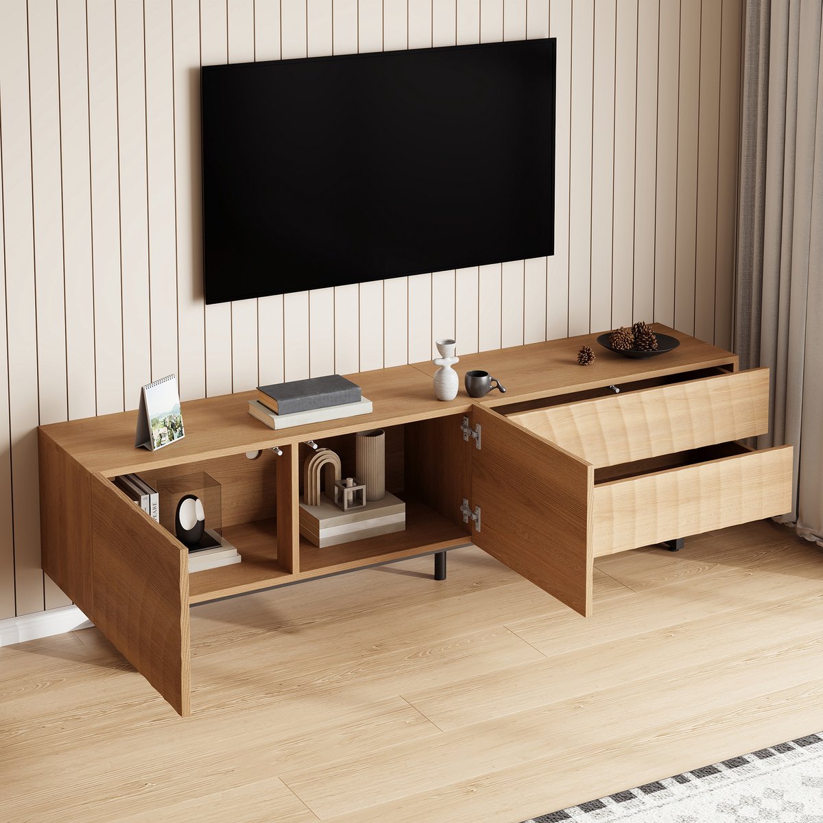 HAUSS SPOLE Tv-Meubel - Golfstructuur Met 2 Deuren En 2 Lades - Opbergruimte Voor Woonkamer - Spaanplaat Naturel - 180x38x51,5 Cm Natuurlijk