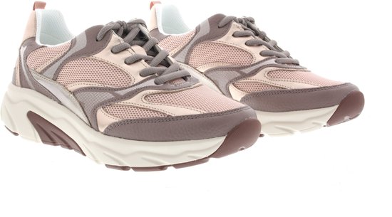 Luchtfoto van roze Gabor Rollingsoft sneakers met mesh, metallic en bruine leren details.