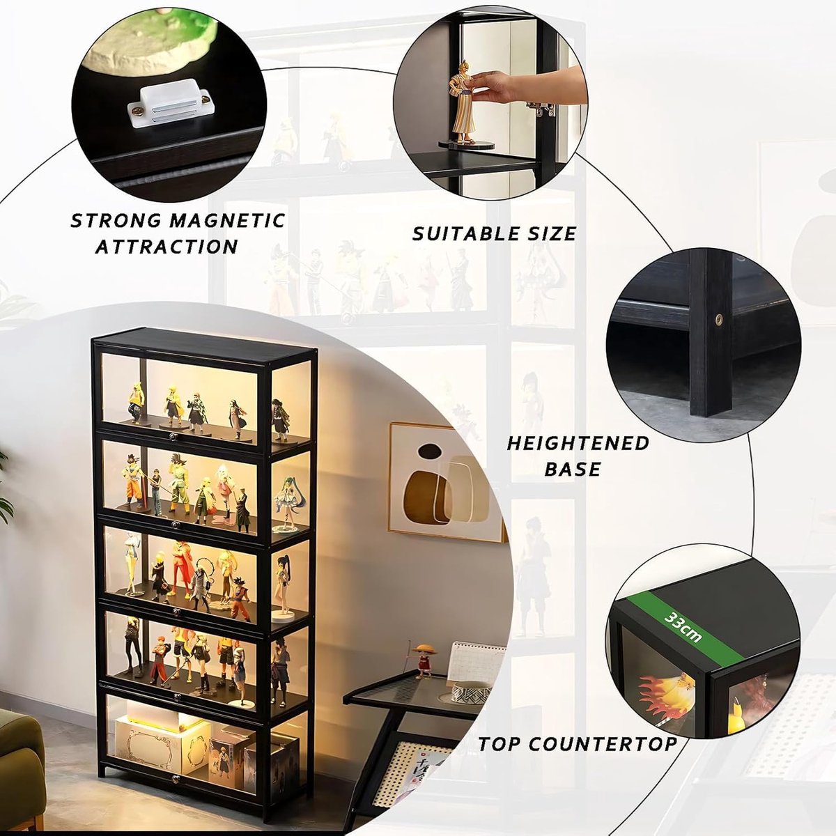 Vitrinekast Casa Velluto 5-planken Staande Displaykast – Modern Bamboe Boekenkast met Acryldeuren – Stofdicht Vitrine voor Woonkamer, Thuiskantoor, Speelkamer en Verzamelobjecten – Zwarte vouwdeur |