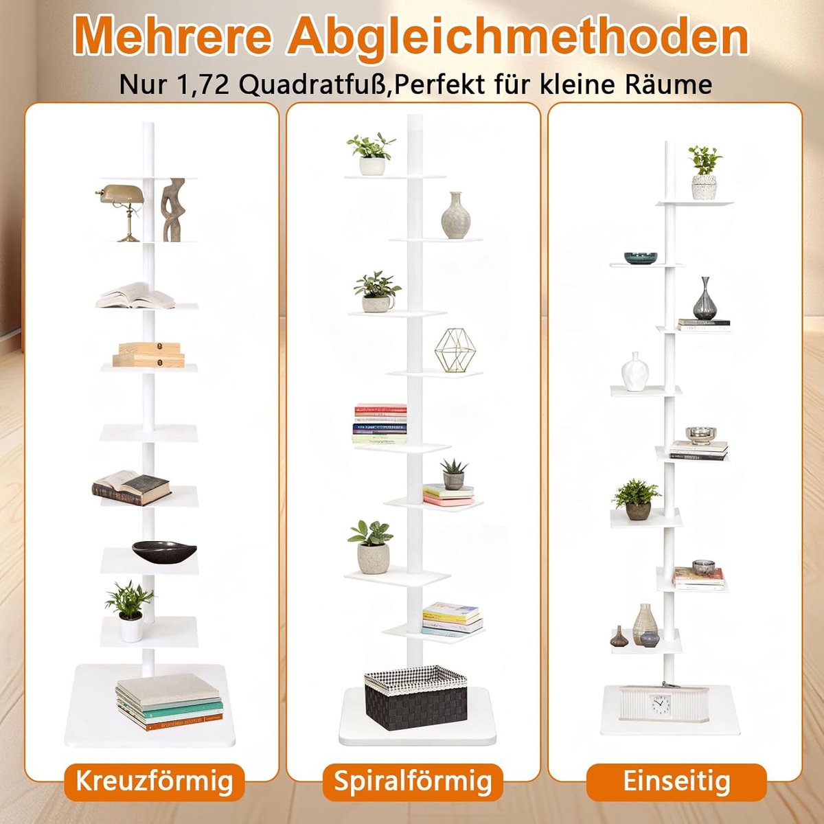 Verticale draaibare boekentoren 9 verdiepingen – Casa Velluto metalen boekenrek, 360° draaiend staand rek, open planken organizer, industriële stijl voor woonkamer, kantoor, slaapkamer – wit 47x47x12 cm