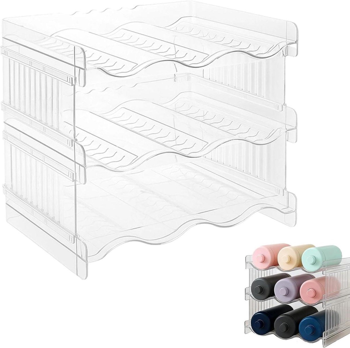 Flessenorganizer voor koelkast en kast, kunststof flessenrek met 3 verdiepingen