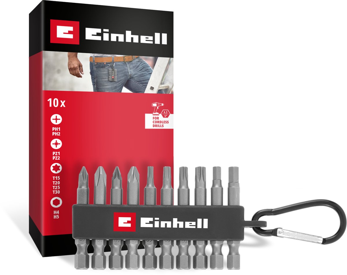 Einhell 10-delige bitset (50 mm bits PH/PZ/T/H, gezandstraald S2-staal, bithouder met karabijnhaak, E 6.3 schacht)