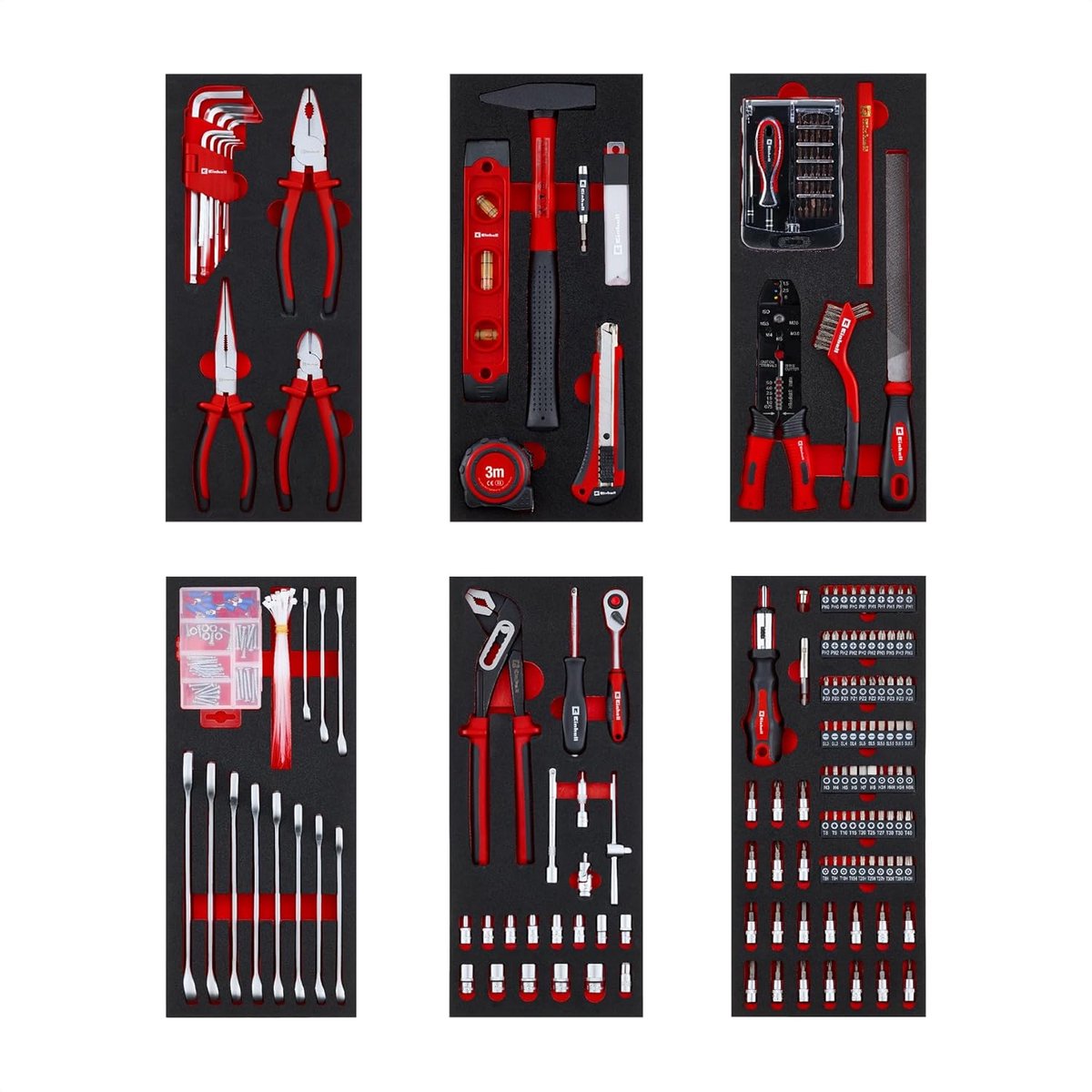 Einhell 6-delige gereedschapset voor werkplaatstrolleys – 299 onderdelen, inclusief precisie- en speciale bits, tangen, schroeven, dopsleutels, waterpas, hamer en meetlint.