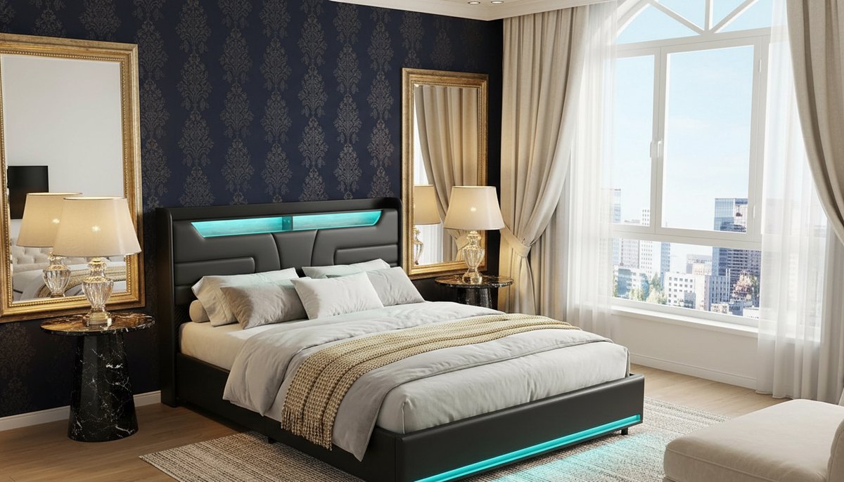 Opbergbed 140x200 cm met LED & USB – Casa Velluto Noir Elegance Gestoffeerd Tweepersoonsbed met Hydraulische Opbergruimte – Zwart PU Leder – Inclusief Lattenbodem