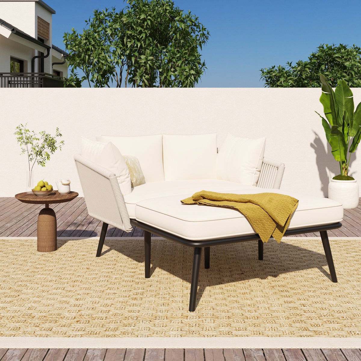 HAUSS SPOLE Zonnenligbed 2 Persoons - Met 2 Kussens En 2 Zitkussens - Handgeweven Touw - Voor Balkon En Terras - Staal Beige