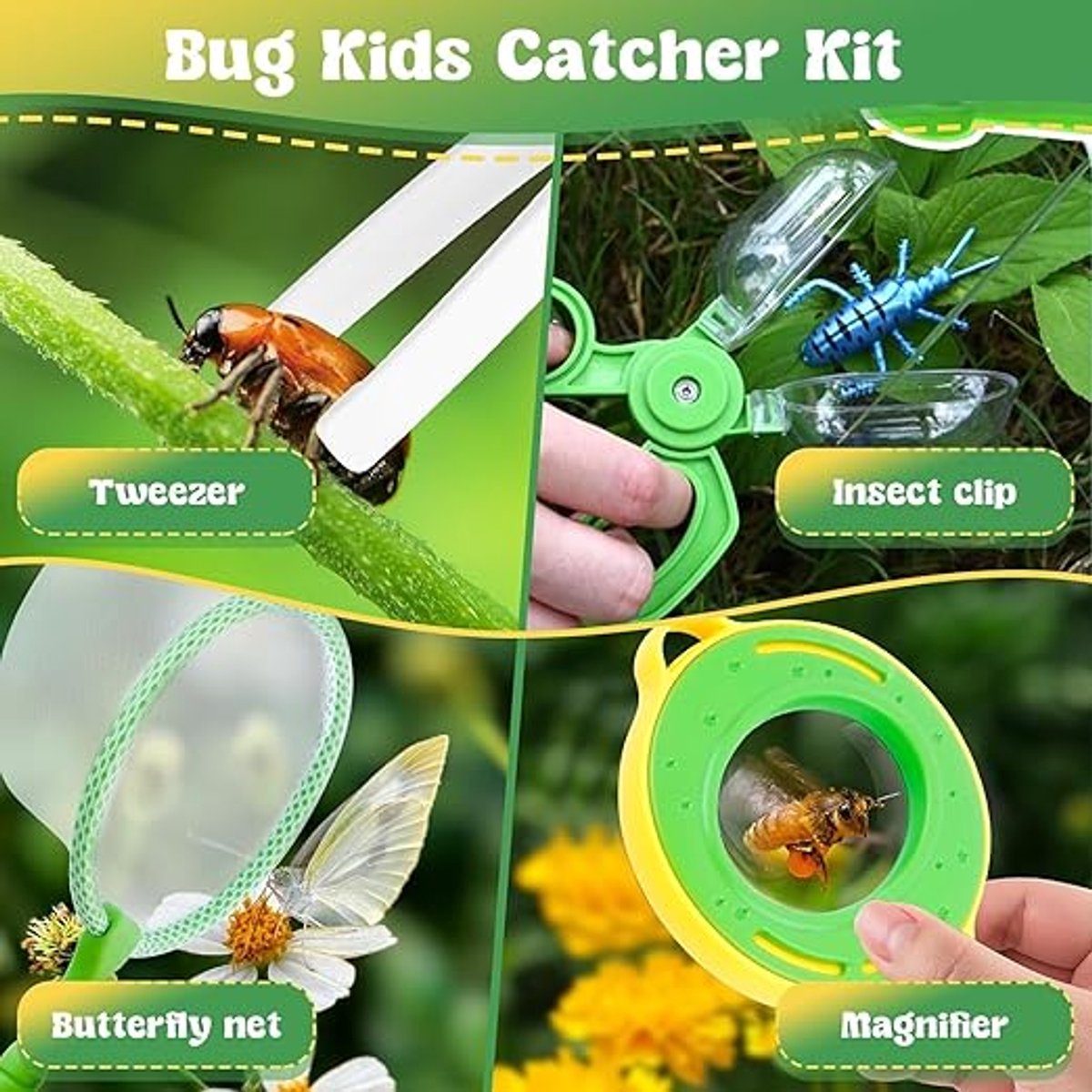 Namajunas - Insecten speelgoed - insectenpotje met vergrootglas - Buitenspeelgoed - Natuur Onderzoekerset - Insecten Explorer - Kinderspeelgoed 4 5 6 jaar - Cadeaus voor jongens en meisjes - Vlindernet, 12 nepinsecten, kinderloep, insectenvanger — cadeau in Spellen & Speelgoed - foto 4