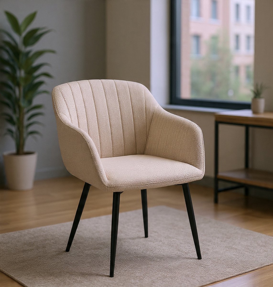 Eetkamerstoelen, set van 4, beige met armleuningen, gestoffeerde linnen stoelen, keukenstoelen met metalen frame en rugleuning voor eetkamer, woonkamer en slaapkamer - Casa Serena