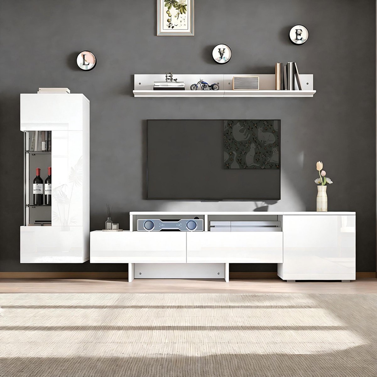 KOMHTOM 3-delige tv-set, glanzende tv-meubelset met ledverlichting, modern tv-meubel, staand en hangend, kastdeuren van acryl, glazen scheidingswand, wit, tv tot 70 inch