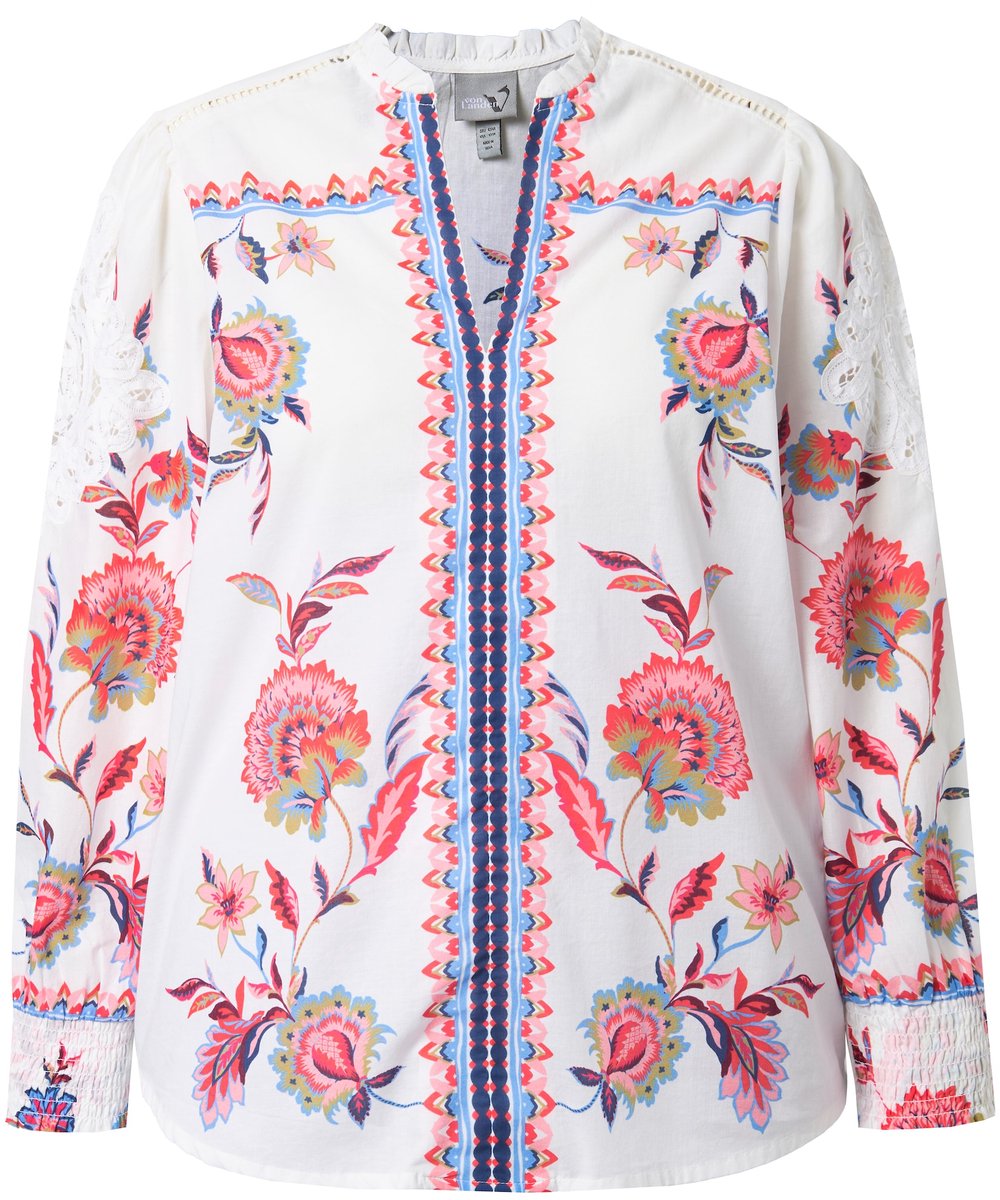 Ulla Popken - Dames - Blouse opengewerkt breisel V-hals lange mouwen - Off-white - Maat 42+