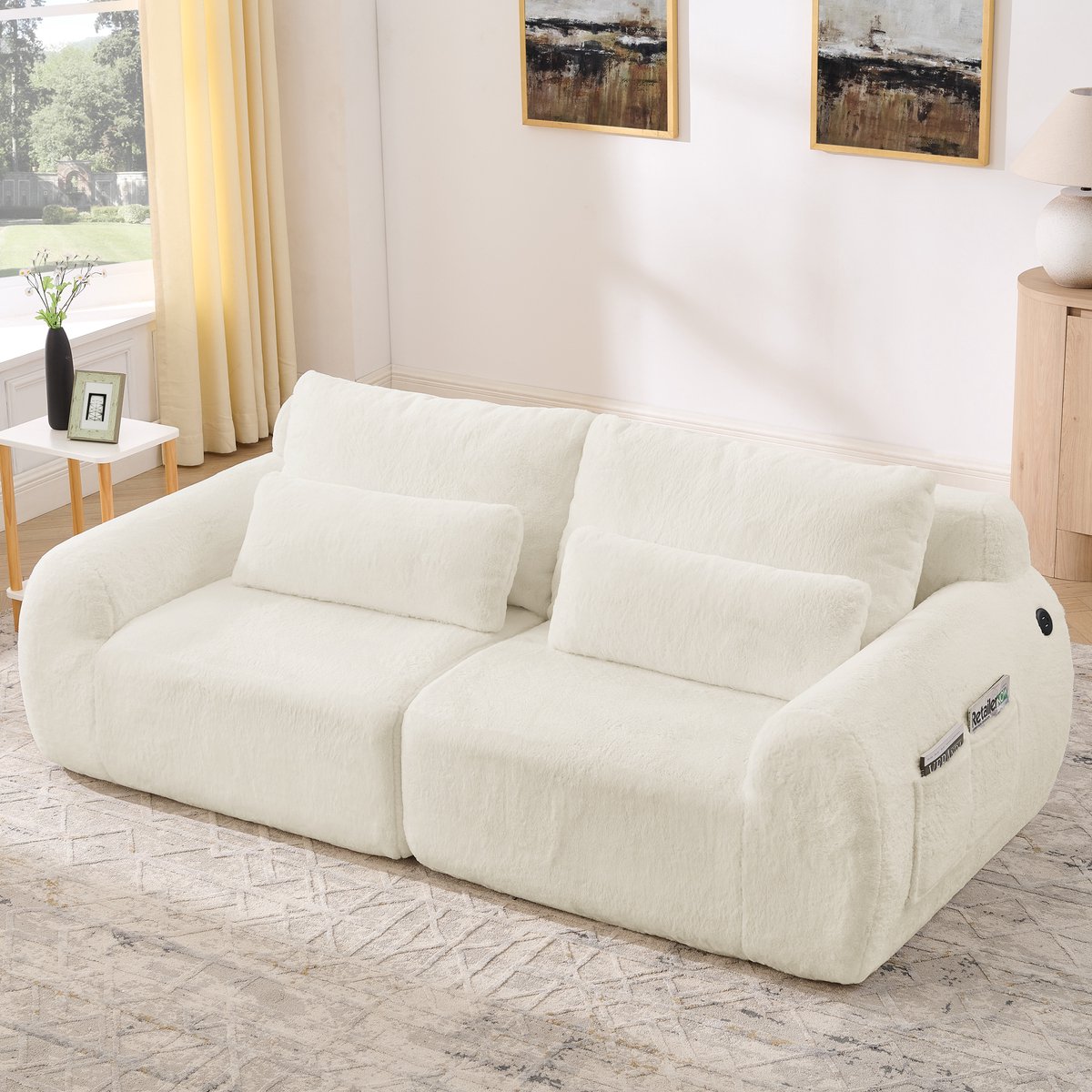2-Zitsbank, Zachte Konijnenbontstof, hoge Veerkracht, met USB-oplaadpoort en Zijvak voor Tijdschriften, Geschikt voor Kleine Woonkamers, Appartementen, Studeerkamers en Slaapkamers, Beige