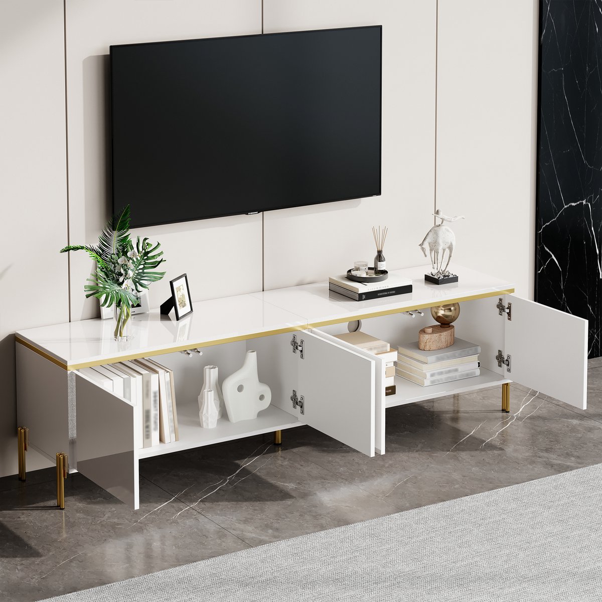 Merax Moderne tv-meubel met hoogglans - vier deurtjes - kabelingang - gouden randdecoratie - tv-kast voor woonkameropslag - wit