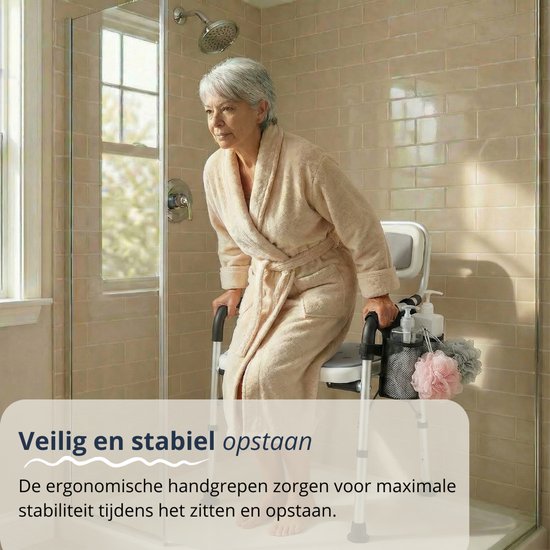 BY JRM® Inklapbare Douchestoel - Douchekruk - Incl. badset, douche puff, douchekophouder - Met Armleuning - Hoogte Verstelbaar - Antislip - Grijs