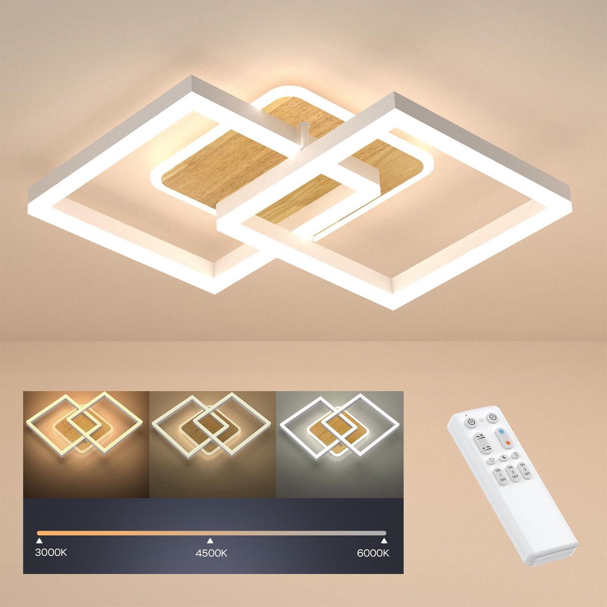 ANTENLICHT LED Plafondlamp - Plafonniere Wit - Modern LED verlichting - 40W Woonkamer Lamp - Dimbaar met Afstandsbediening - Modern Slaapkamer Lamp - 3000K-6500K - 3.600LM