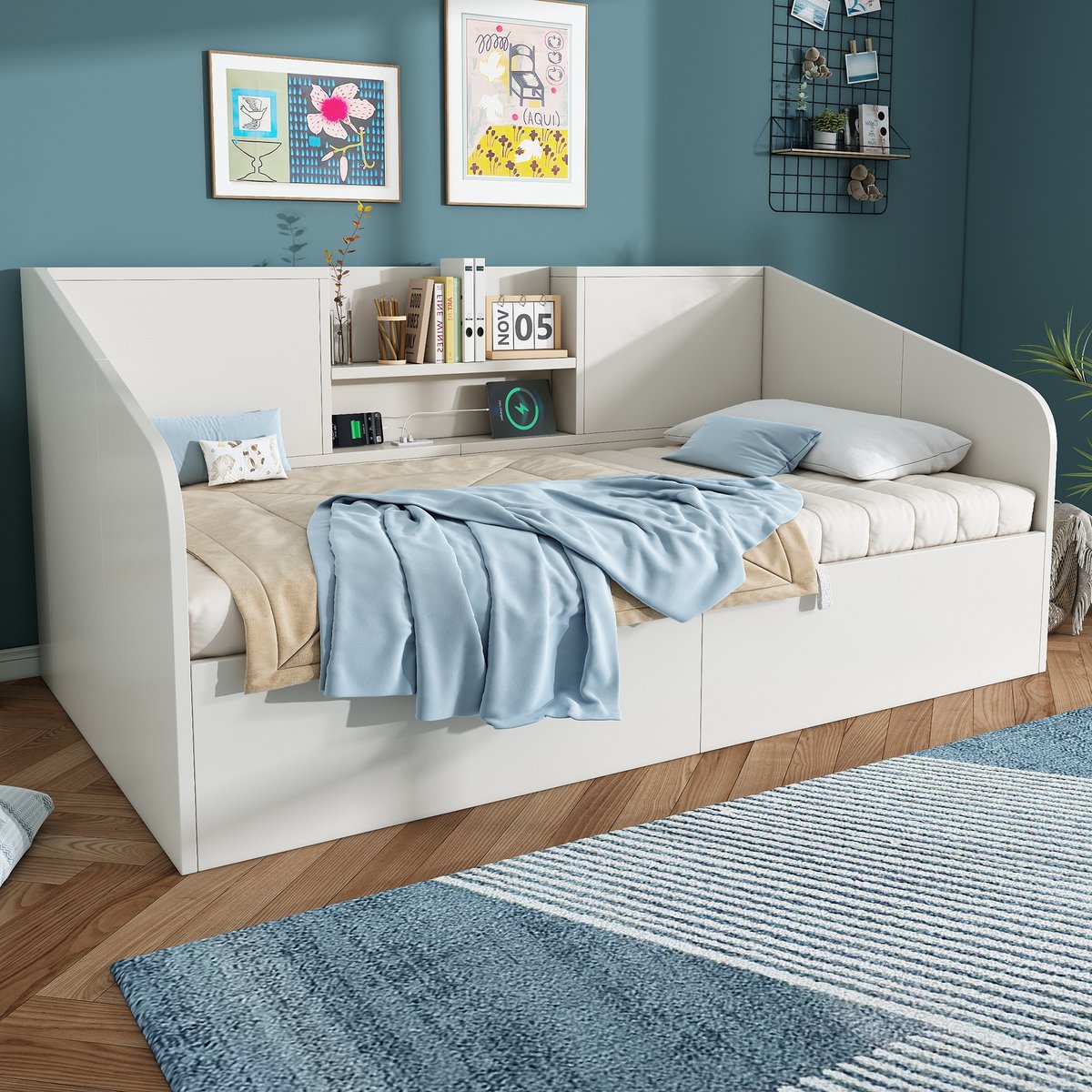 MODFU Bedframe 90x190 cm – Wit hout – Daybed met laadstation – 2x USB & 1x USB-C (snelladen) – Hydraulische opbergruimte – 180 kg