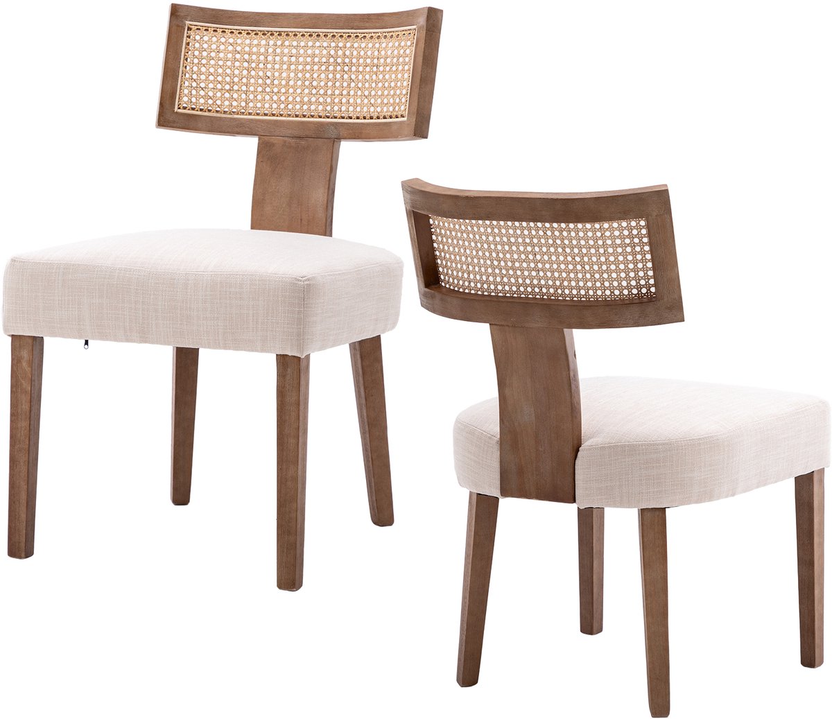 chairus Eetkamerstoel Set van 2 stoelen - Beige en Bruin - Linen - Rieten Rugleuning - Gewatteerde zitting - Armloze stoelen - Met Houten Poten - Voor woonkamer en keuken Beige+Bruin