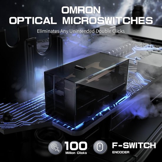Close-up van de Omron optische micro-schakelaars in een roze en blauwe gaming muis.