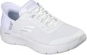 Witte Skechers GO WALK FLEX sneaker, 3/4 aanzicht, met ademende mesh, 'Slip-ins' logo en golfpatroon op de hiel.