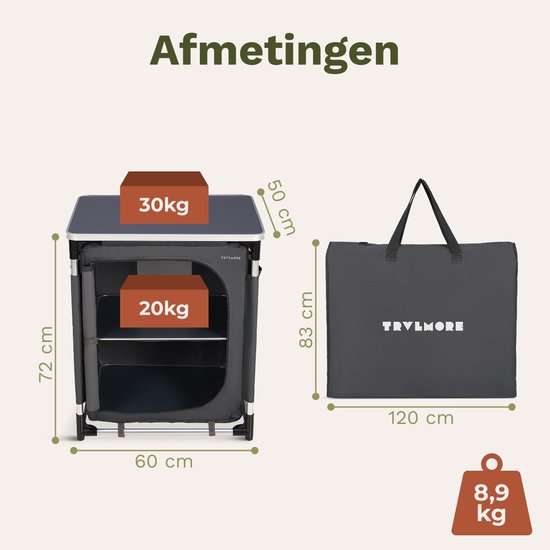 TRVLMORE Campingkast - Campingkeuken - 70KG Draagvermogen - Aluminium Frame - Inklapbaar - Incl. Draagtas - 50x60x72CM - Grijs van Merkloos — afbeelding 5