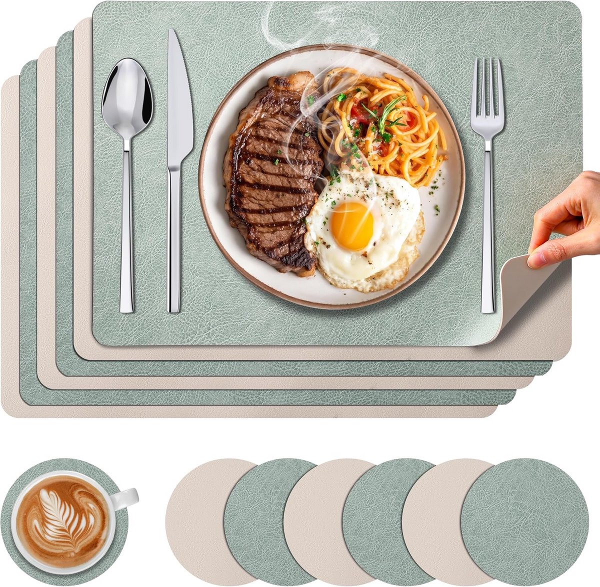 Set van 6 Rechthoekige Placemats en Onderzetters Lederlook Afwasbaar