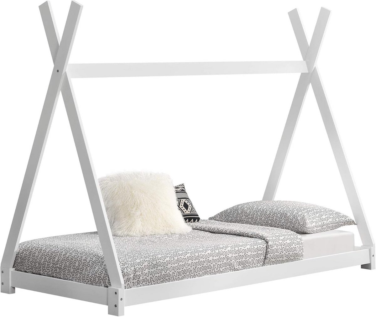 Kindertipi Bed 90x200 cm Wit - Stevig Grenen Houten Bed met Lattenbodem