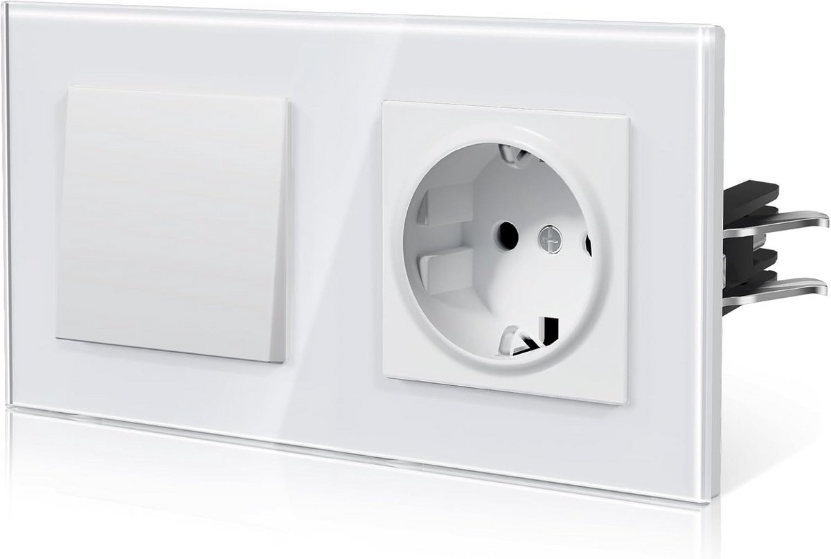 Wandlichtschakelaar Glas met Stopcontact - Inbouwmodel 1 Gang 2-Weg