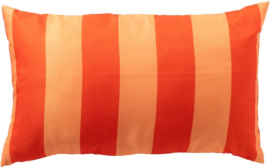 Un coussin rayé rouge et orange, 30x50 cm.