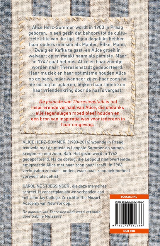 Achterkant boek 'De pianiste van Theresienstadt' met tekst en ISBN.