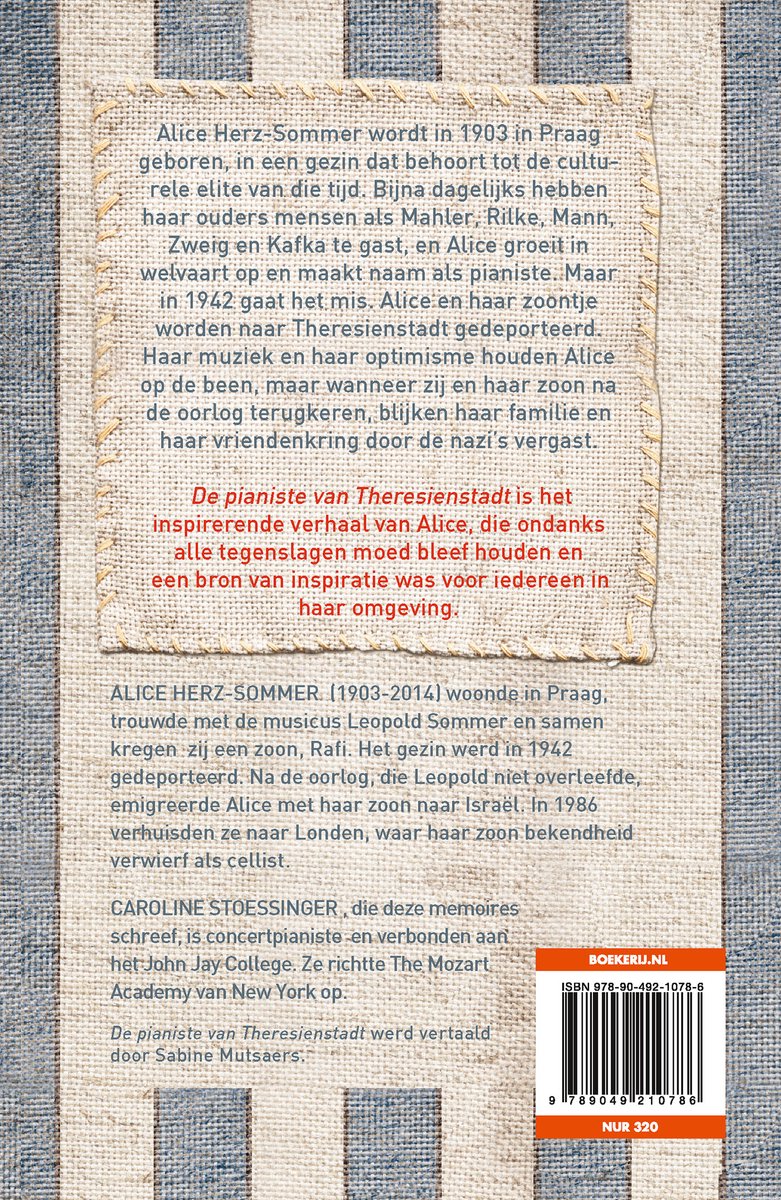 Achterkant boek 'De pianiste van Theresienstadt' met tekst en ISBN.
