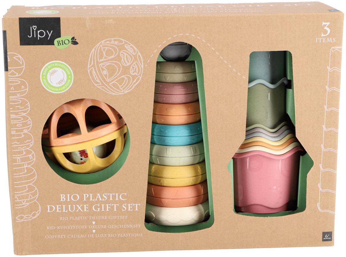 Jipy bioplastic - badspeelgoed stapeltoren, bekertjes en ratelbal - Deluxe Giftset — afbeelding 5