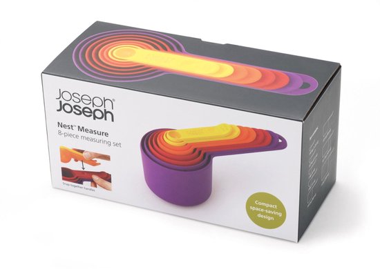 Doos met JOSEPH JOSEPH 'Nest Measure' 8-delige maatset, met illustratie van de gekleurde maatlepels.