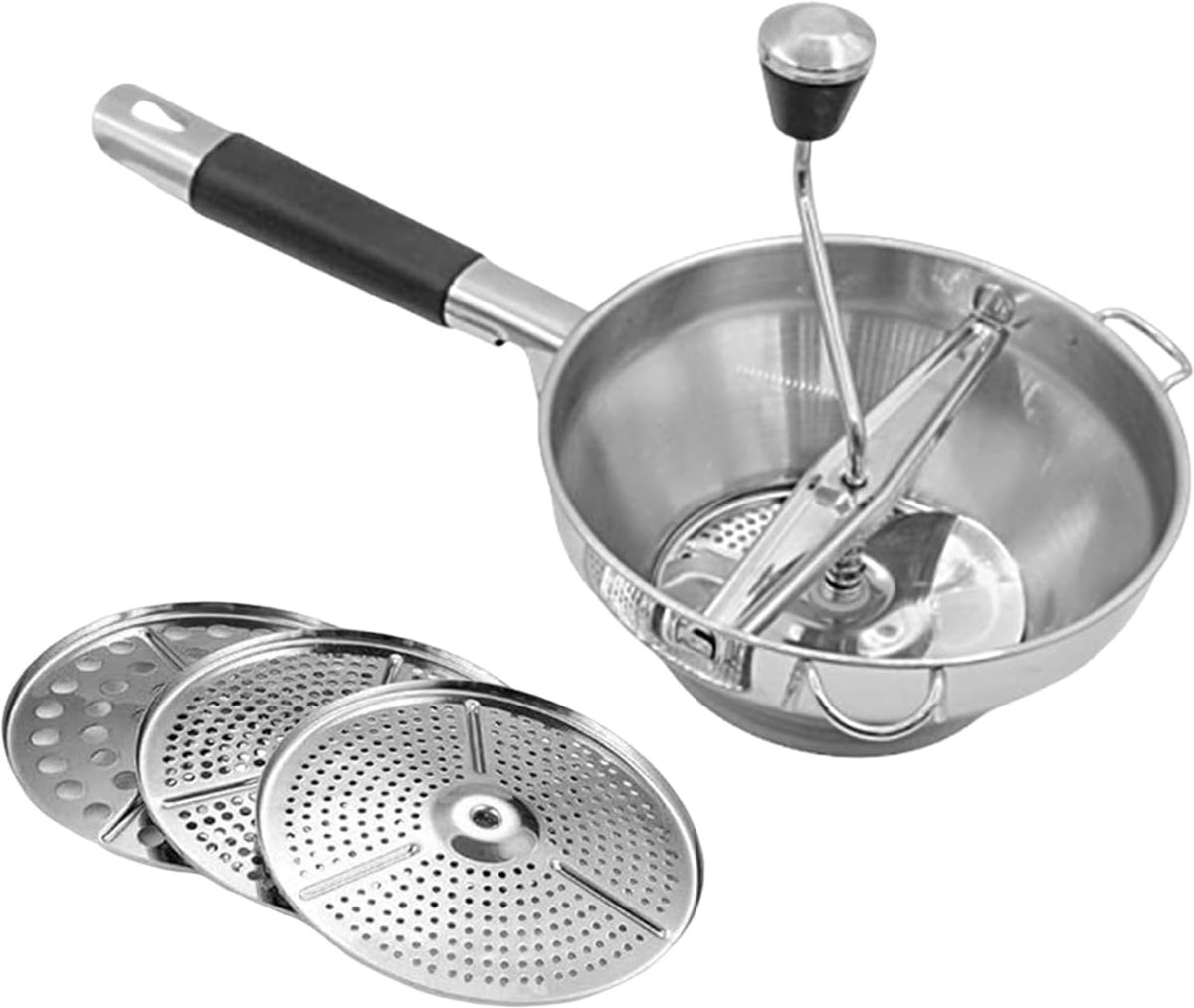 Voedselmolen van roestvrij staal met handvat, 3 zeefinzetstukken, aardappelstamper, geschikt voor soep, jam, babyvoeding en sauzen.