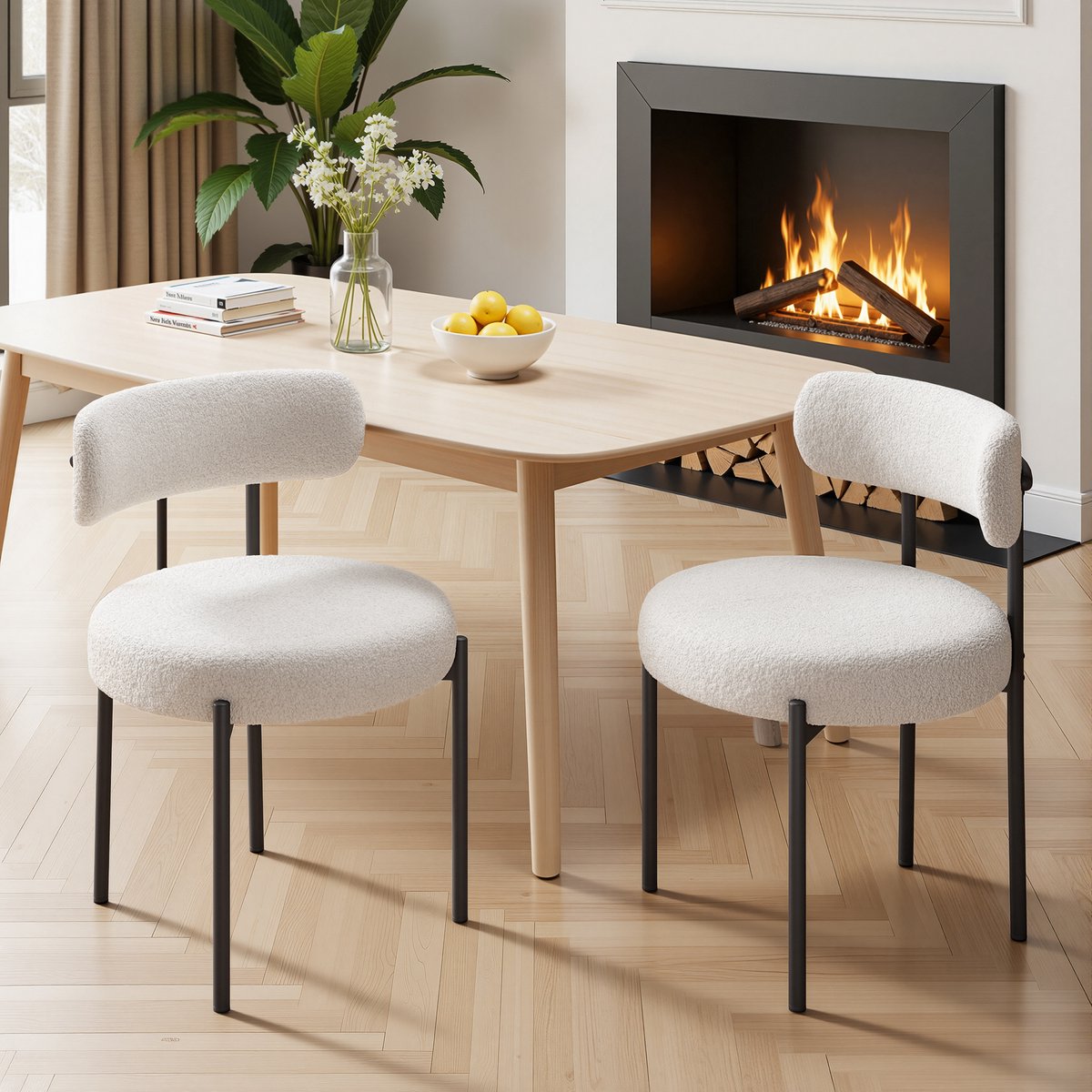 Eetkamerstoel Set van 2 Teddy Stof Gestoffeerde Stoel met Metalen Poten Moderne Keukenstoel Design Stoel Zachte Bouclé Stoel Comfortabele Zitstoel voor Eetkamer Woonkamer Keuken Slaapkamer Horeca Scandinavische Stijl