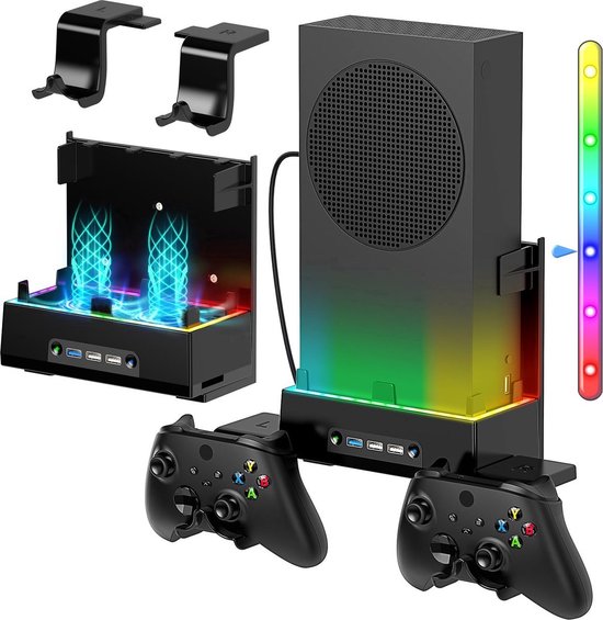 Zwart console-accessoire met dubbele ventilatoren, RGB LED-lichtstrip, 3 USB-poorten, 2 controllerhaken en verticale Xbox Series S-console.