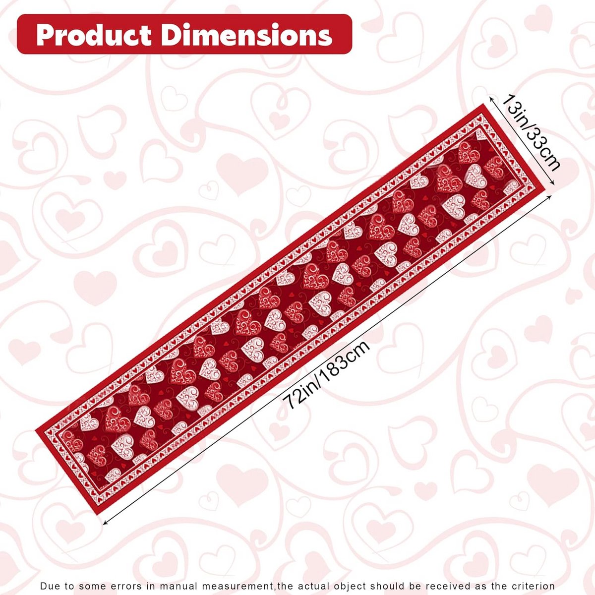 Romantische Tafelloper Valentijnsdag Rood Wit Hartjes - 33x183 cm Linnen Tafeldecoratie