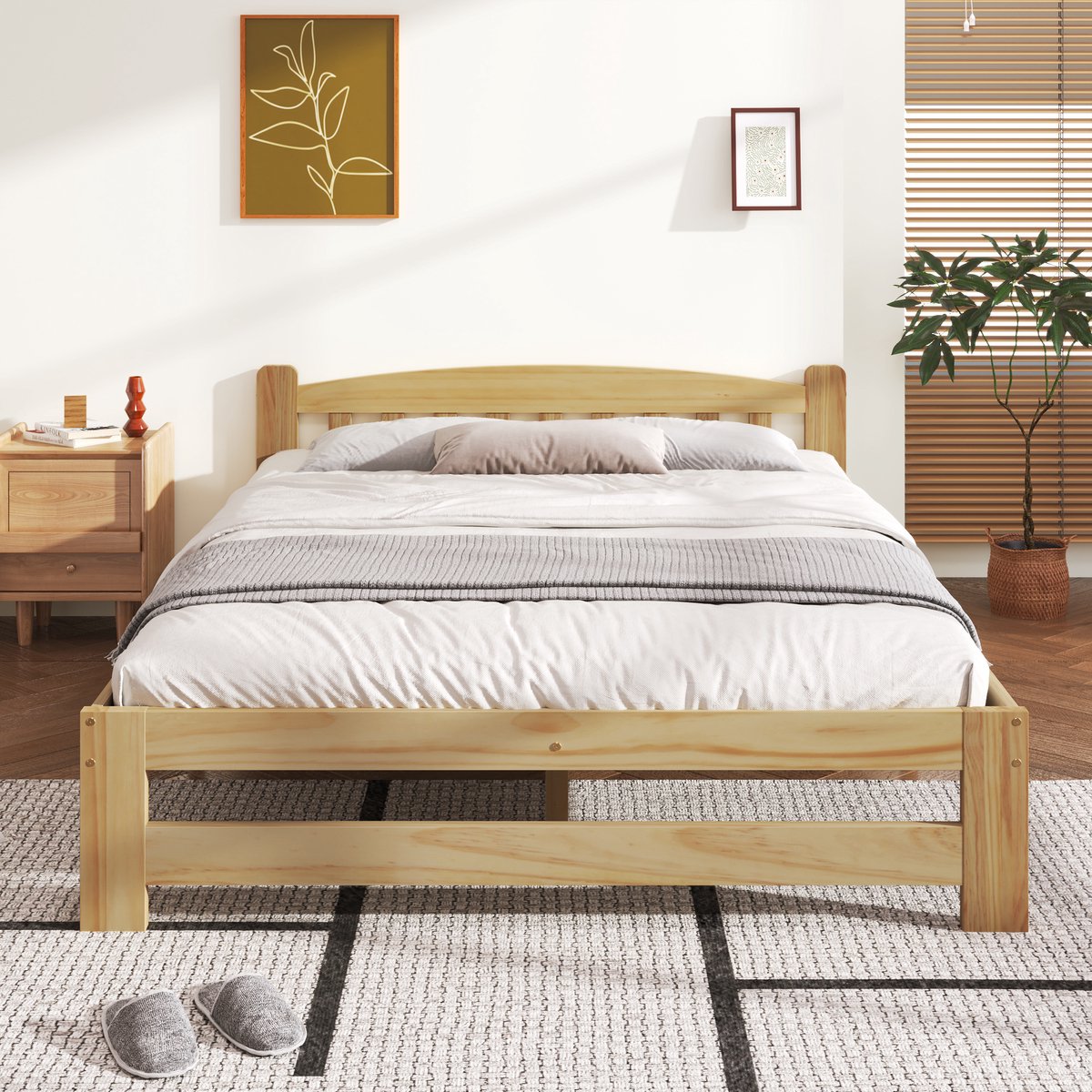 Clruro Tweepersoonsbed - 140x200 cm - Massief Houten Futonbed - Met Hoofdbord en Lattenbodem - Hout - Natuur