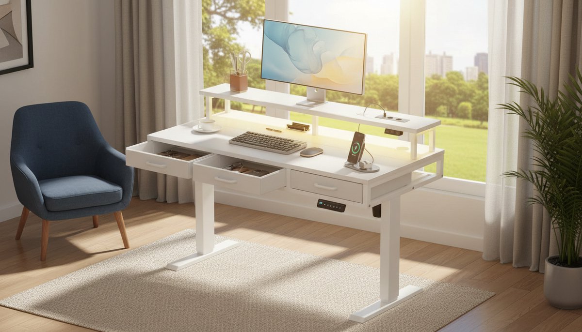 Electric Desk Casa Velluto Elevare Pro 120 cm – In hoogte verstelbaar bureau met 3 lades, monitorstandaard, ingebouwde USB-poorten, stopcontacten en LED-lichtstrip – Ergonomisch staand bureau voor thuis, kantoor en gaming – Wit