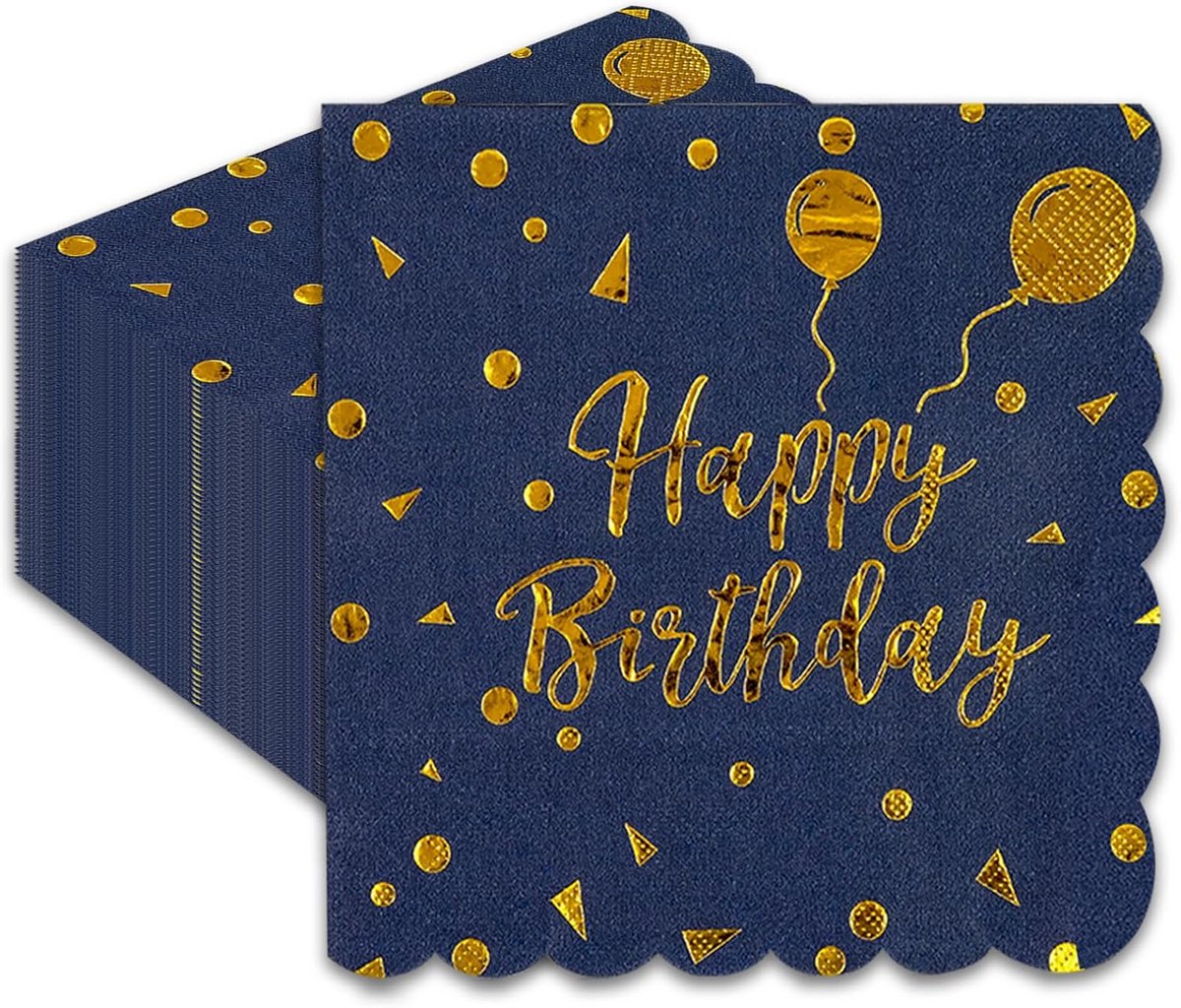 40 stuks Verjaardag Servetten Blauw en Goud Geschulpte Diner Servetten